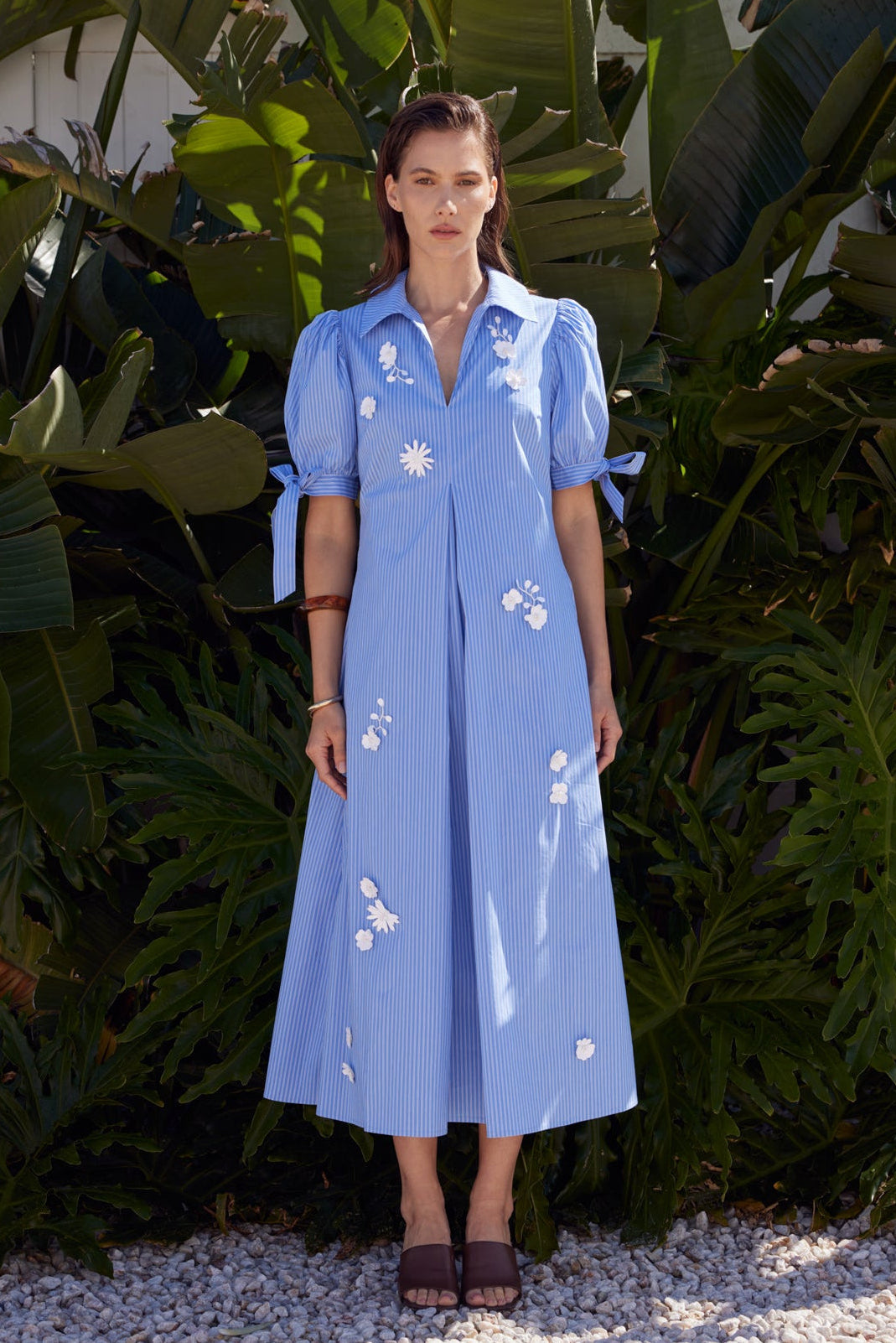 English Factory - Floral Appliqu Stripe Midi Dress BLUE Stripe / M