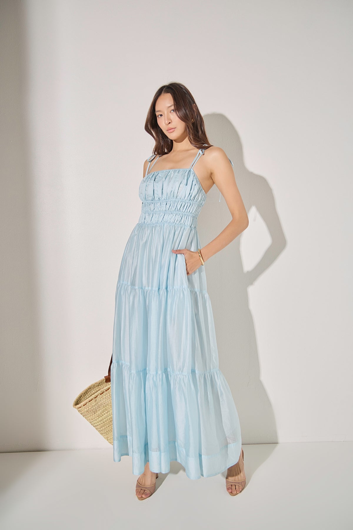 Smocked Tie Strap Maxi Dress