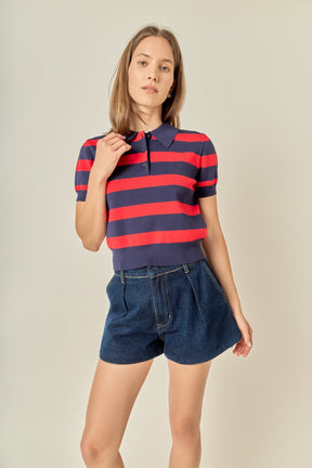 ENGLISH FACTORY - Retro Stripe Polo Knit Top - TOPS available at Objectrare