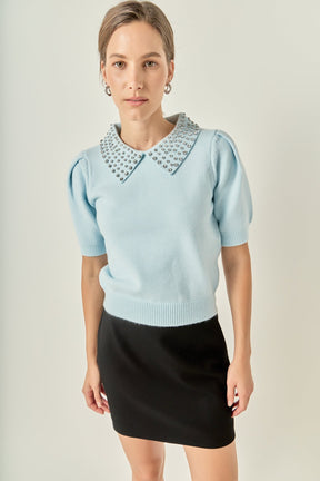 ENGLISH FACTORY - Rhinestone Collar Knit Top - TOPS available at Objectrare