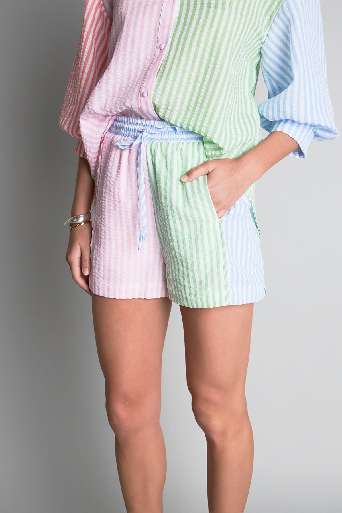 ENGLISH FACTORY - Seersucker Striped Colorblock Shorts - SHORTS available at Objectrare