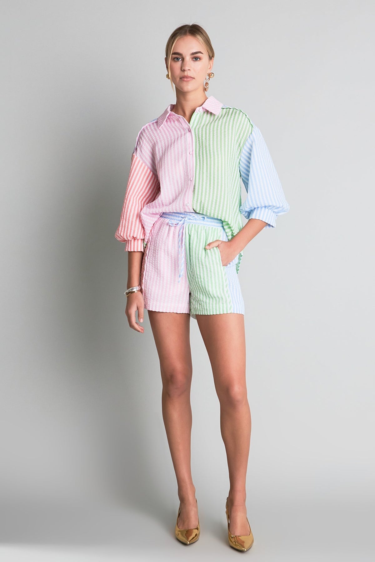 ENGLISH FACTORY - Seersucker Striped Colorblock Shorts - SHORTS available at Objectrare