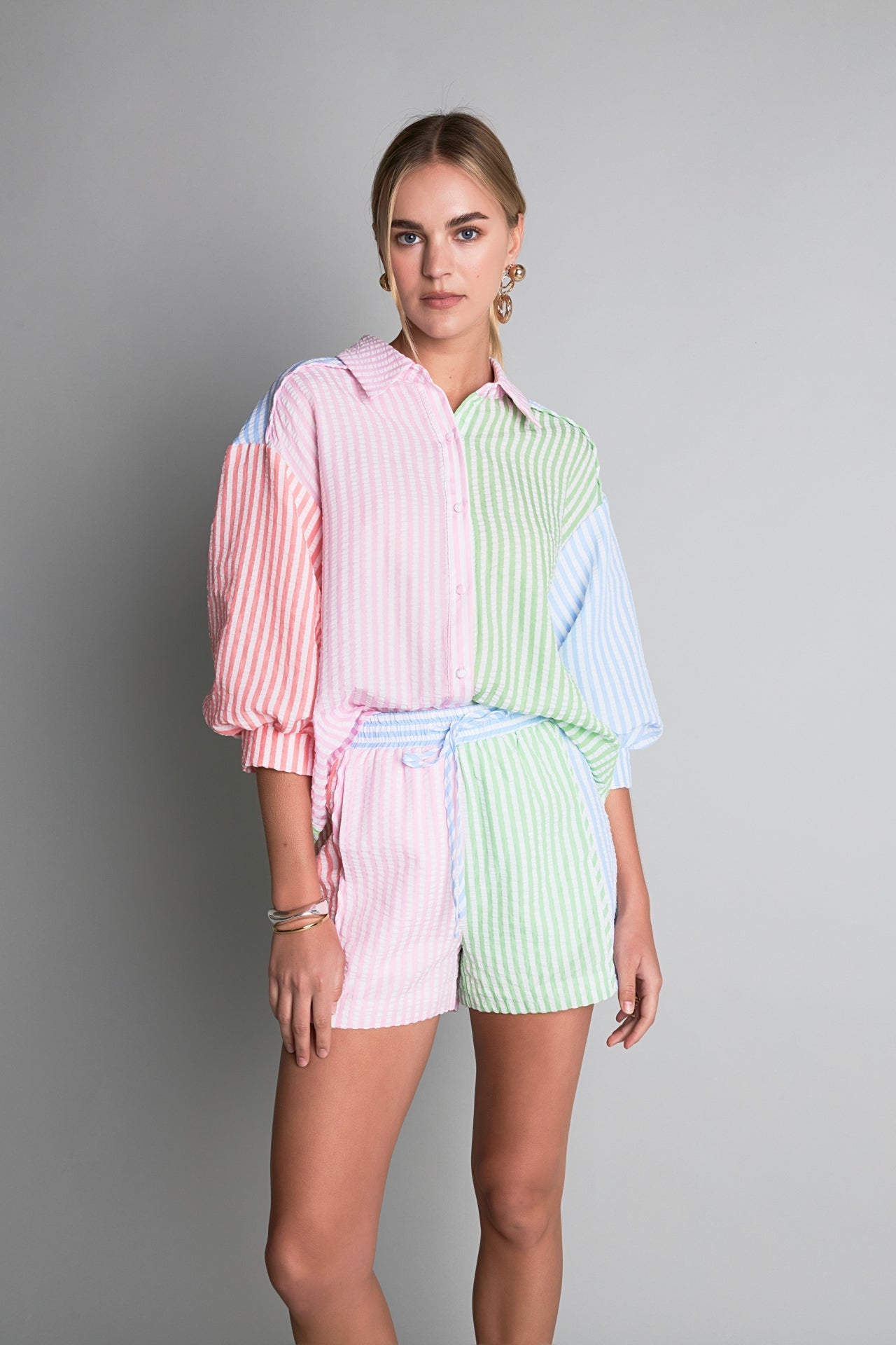 ENGLISH FACTORY - English Factory - Seersucker Striped Colorblock Shorts - SHORTS available at Objectrare