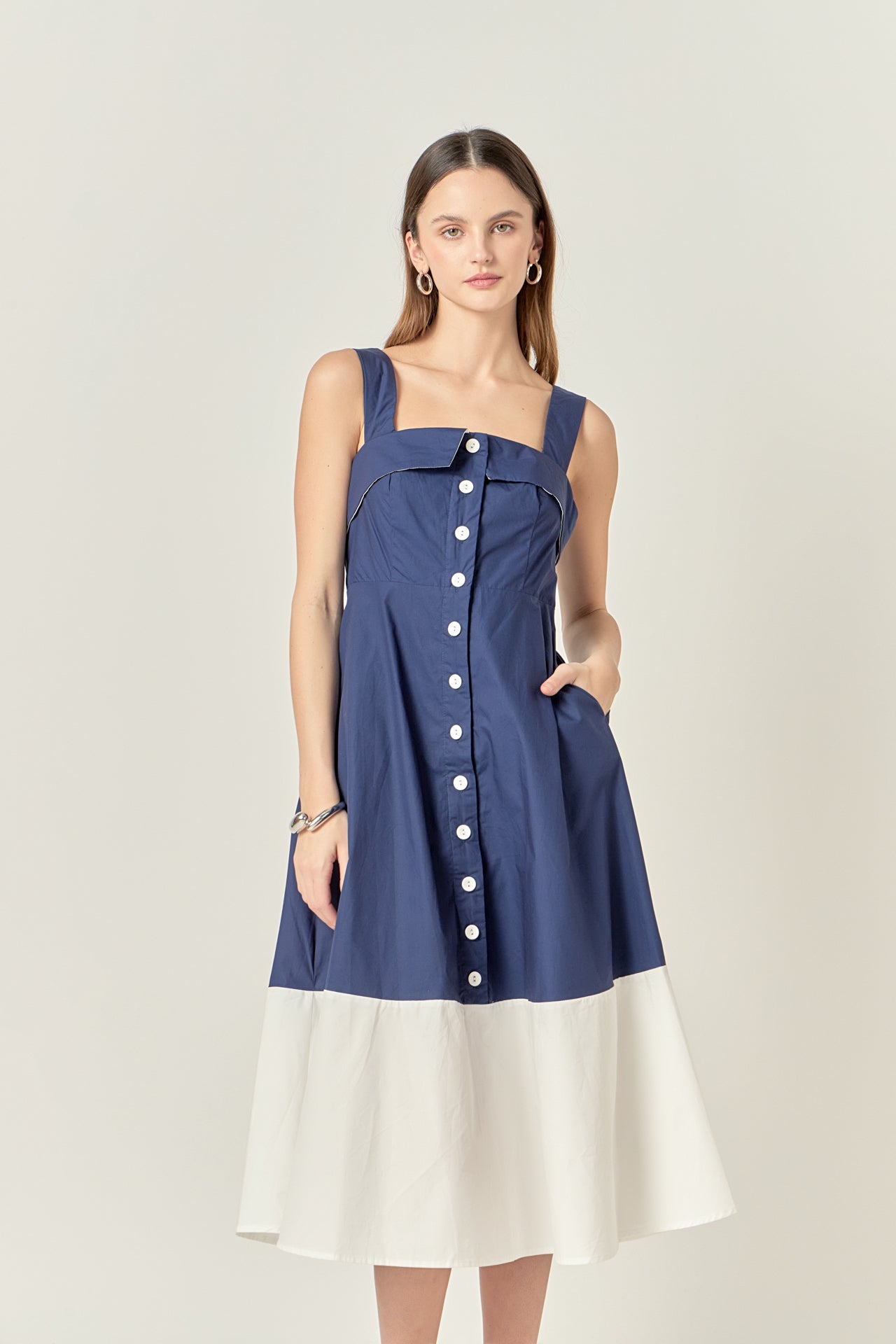 ENGLISH FACTORY - Navy & White Color Block Midi Dress - DRESSES available at Objectrare