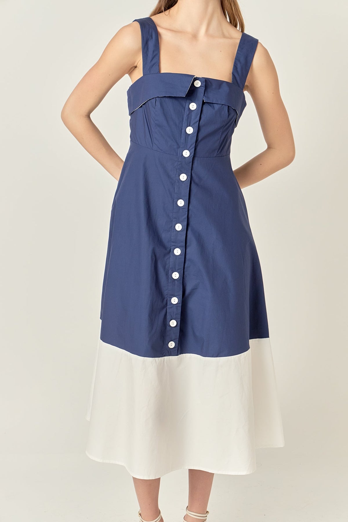 ENGLISH FACTORY - Navy & White Color Block Midi Dress - DRESSES available at Objectrare