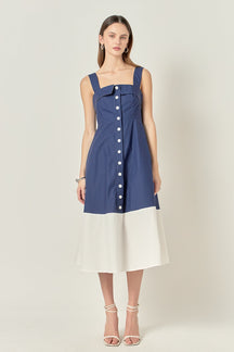 ENGLISH FACTORY - Navy & White Color Block Midi Dress - DRESSES available at Objectrare