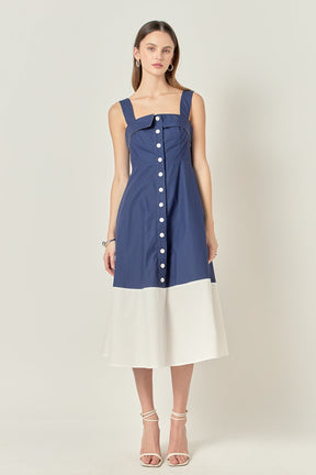 ENGLISH FACTORY - Navy & White Color Block Midi Dress - DRESSES available at Objectrare