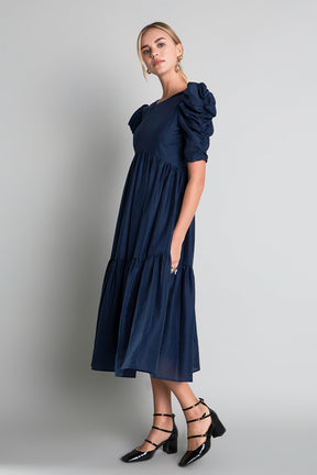 ENGLISH FACTORY - English Factory - Puff Sleeve Shirred Midi Dress - DRESSES available at Objectrare