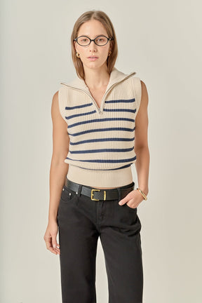 ENGLISH FACTORY - Stripe Half Zip Up Sleeveless Knit Top - TANK TOPS available at Objectrare