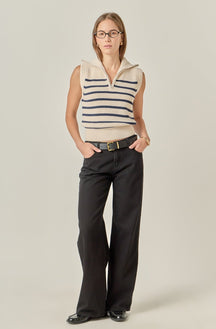 ENGLISH FACTORY - Stripe Half Zip Up Sleeveless Knit Top - TANK TOPS available at Objectrare