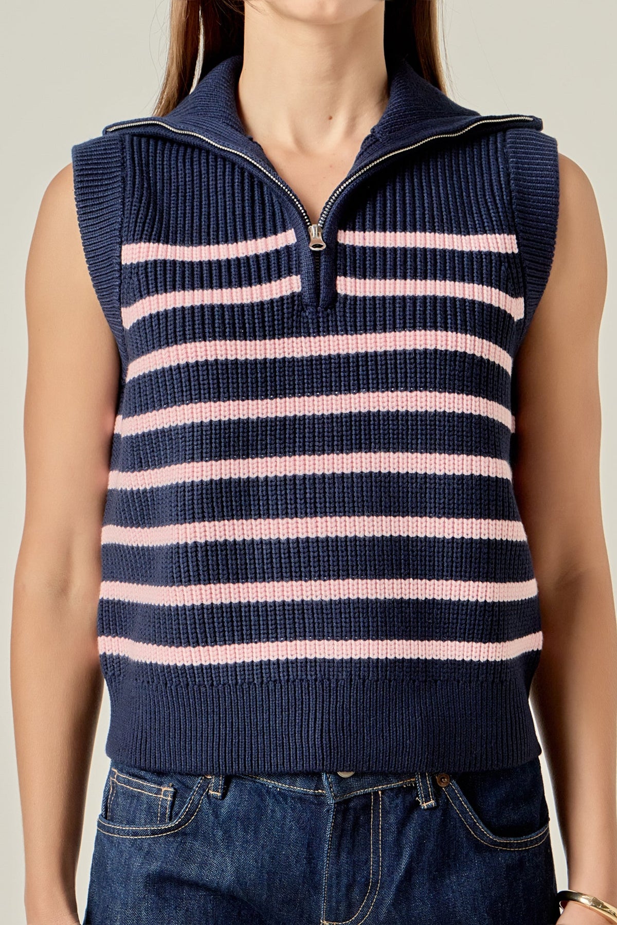 ENGLISH FACTORY - Stripe Half Zip Up Sleeveless Knit Top - TANK TOPS available at Objectrare