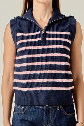 ENGLISH FACTORY - Stripe Half Zip Up Sleeveless Knit Top - TANK TOPS available at Objectrare