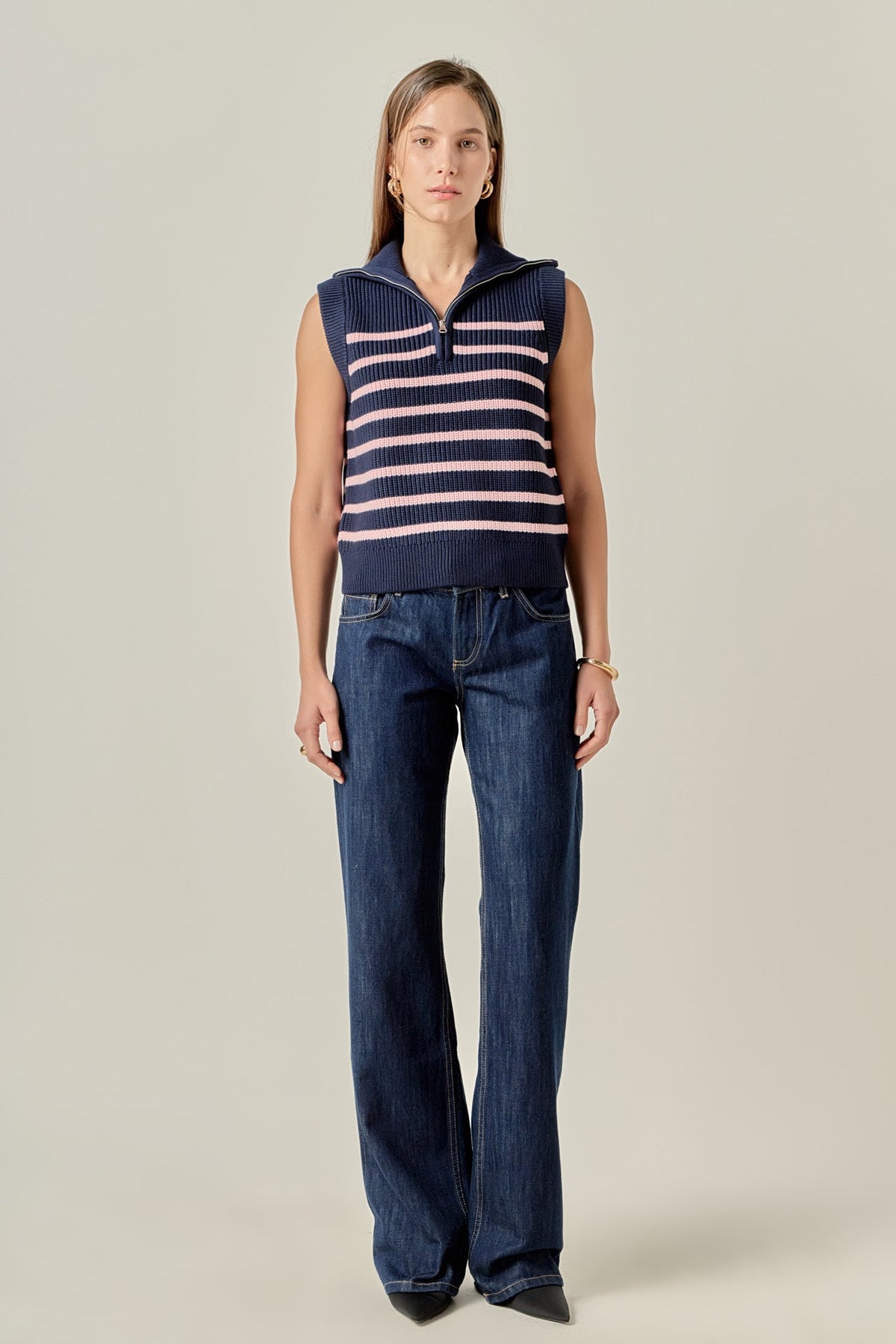 ENGLISH FACTORY - Stripe Half Zip Up Sleeveless Knit Top - TANK TOPS available at Objectrare