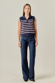 ENGLISH FACTORY - Stripe Half Zip Up Sleeveless Knit Top - TANK TOPS available at Objectrare