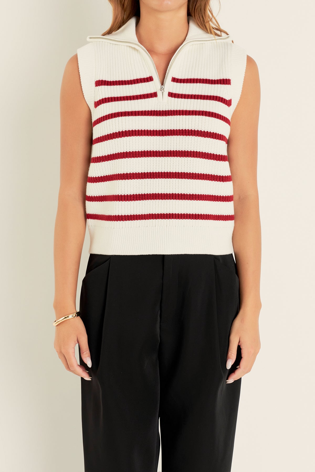 ENGLISH FACTORY - Stripe Half Zip Up Sleeveless Knit Top - TOPS available at Objectrare