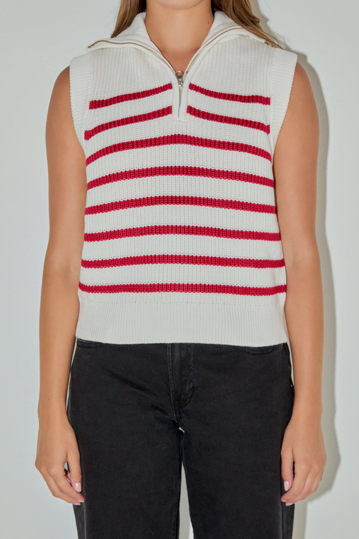 ENGLISH FACTORY - Stripe Half Zip Up Sleeveless Knit Top - TANK TOPS available at Objectrare