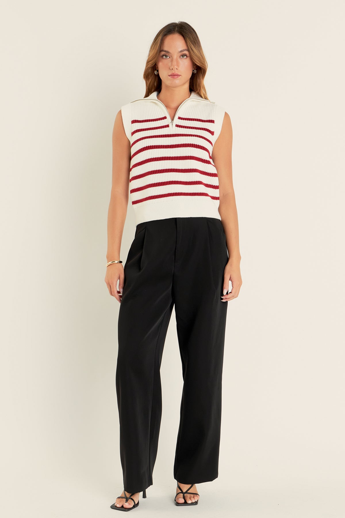 ENGLISH FACTORY - Stripe Half Zip Up Sleeveless Knit Top - TOPS available at Objectrare