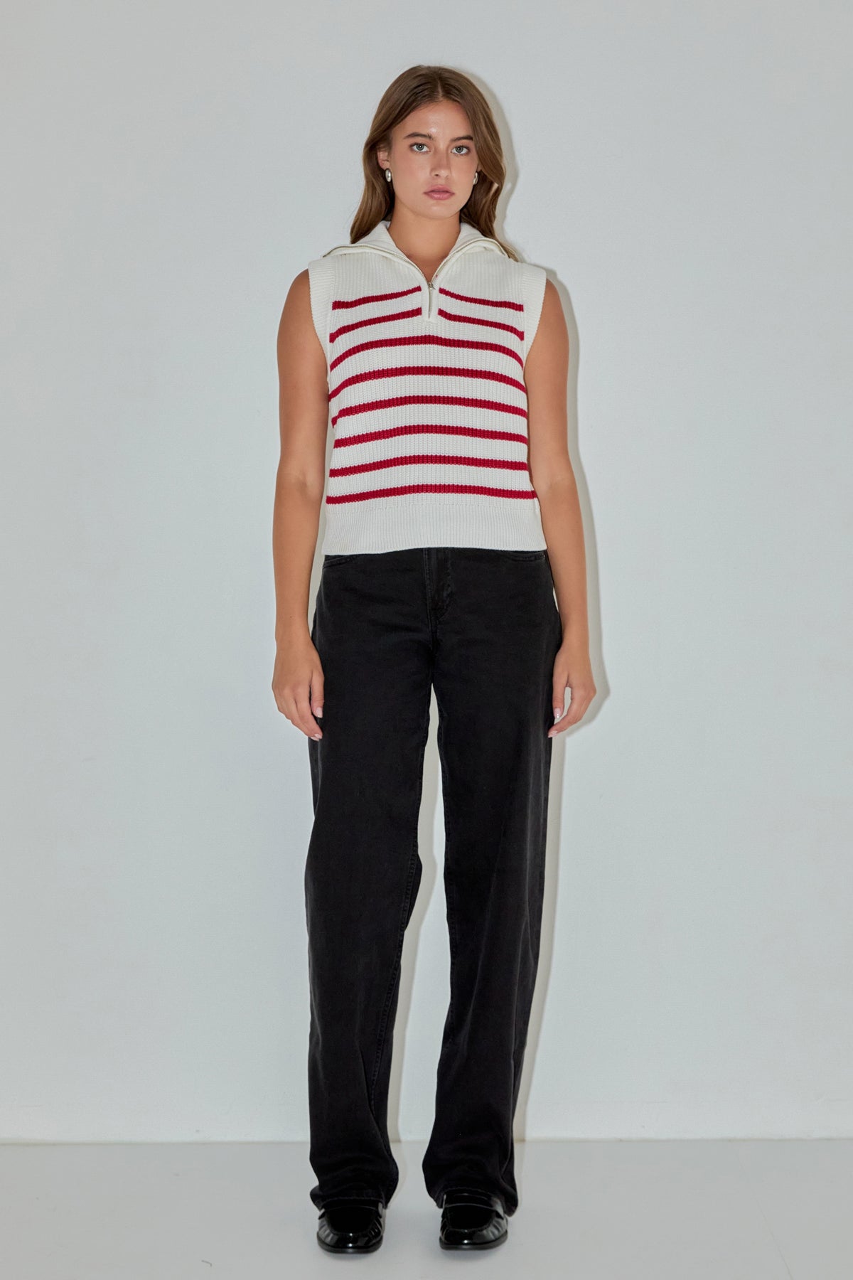ENGLISH FACTORY - Stripe Half Zip Up Sleeveless Knit Top - TANK TOPS available at Objectrare