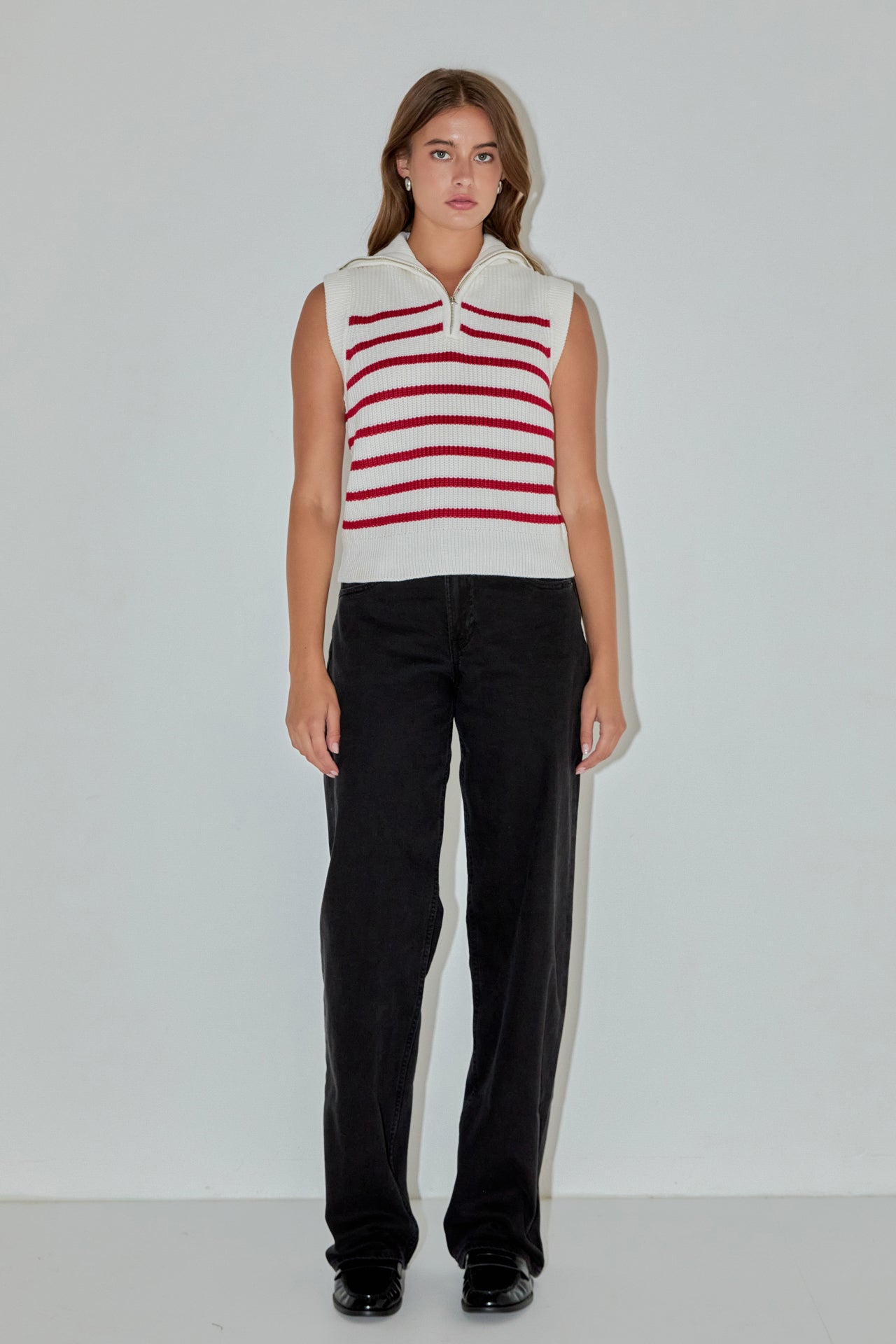 ENGLISH FACTORY - Stripe Half Zip Up Sleeveless Knit Top - TANK TOPS available at Objectrare
