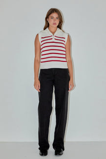 ENGLISH FACTORY - Stripe Half Zip Up Sleeveless Knit Top - TANK TOPS available at Objectrare