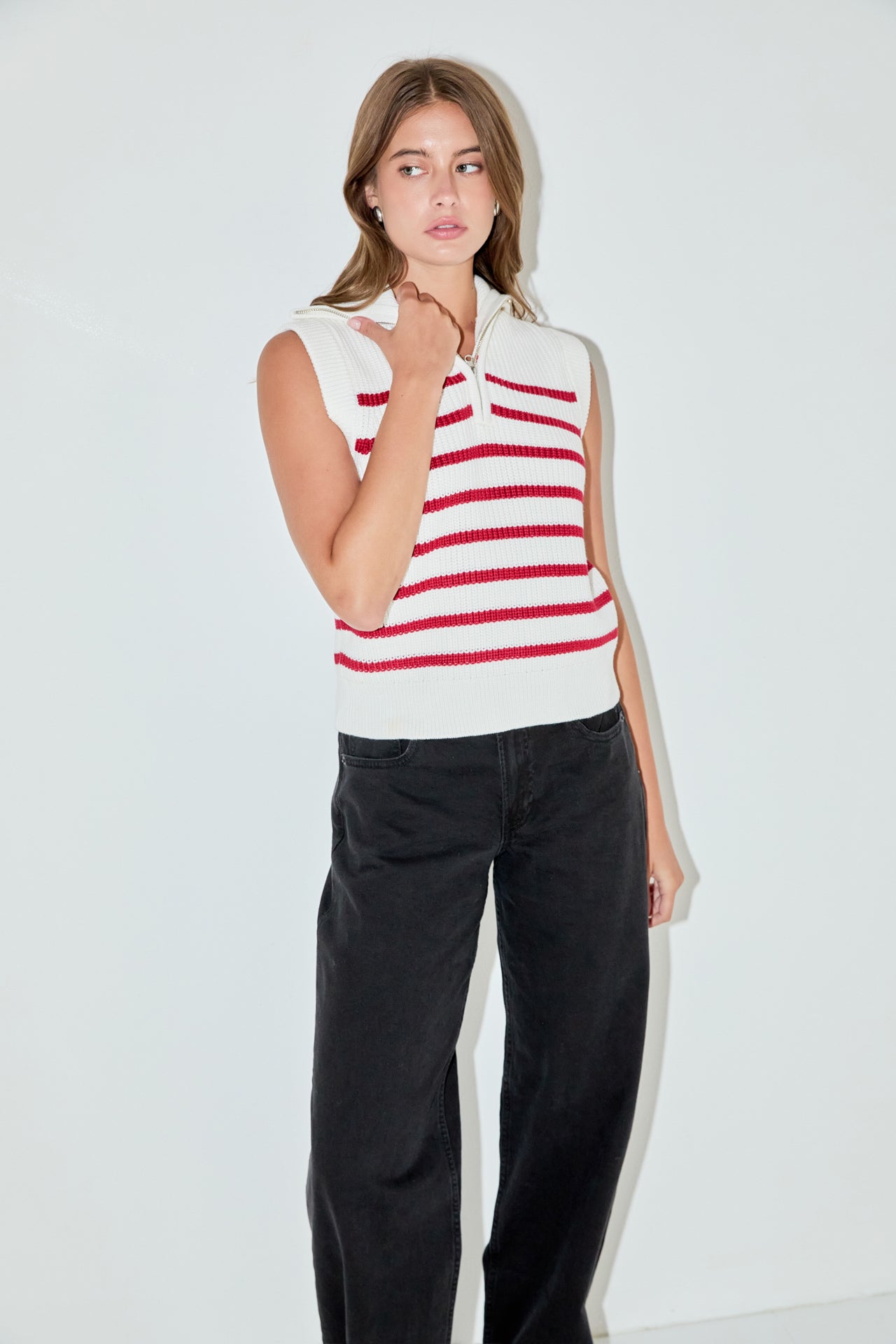 ENGLISH FACTORY - Stripe Half Zip Up Sleeveless Knit Top - TANK TOPS available at Objectrare