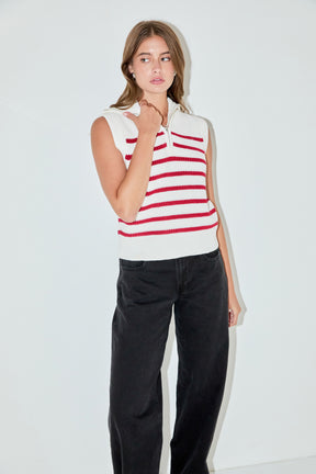 ENGLISH FACTORY - Stripe Half Zip Up Sleeveless Knit Top - TANK TOPS available at Objectrare