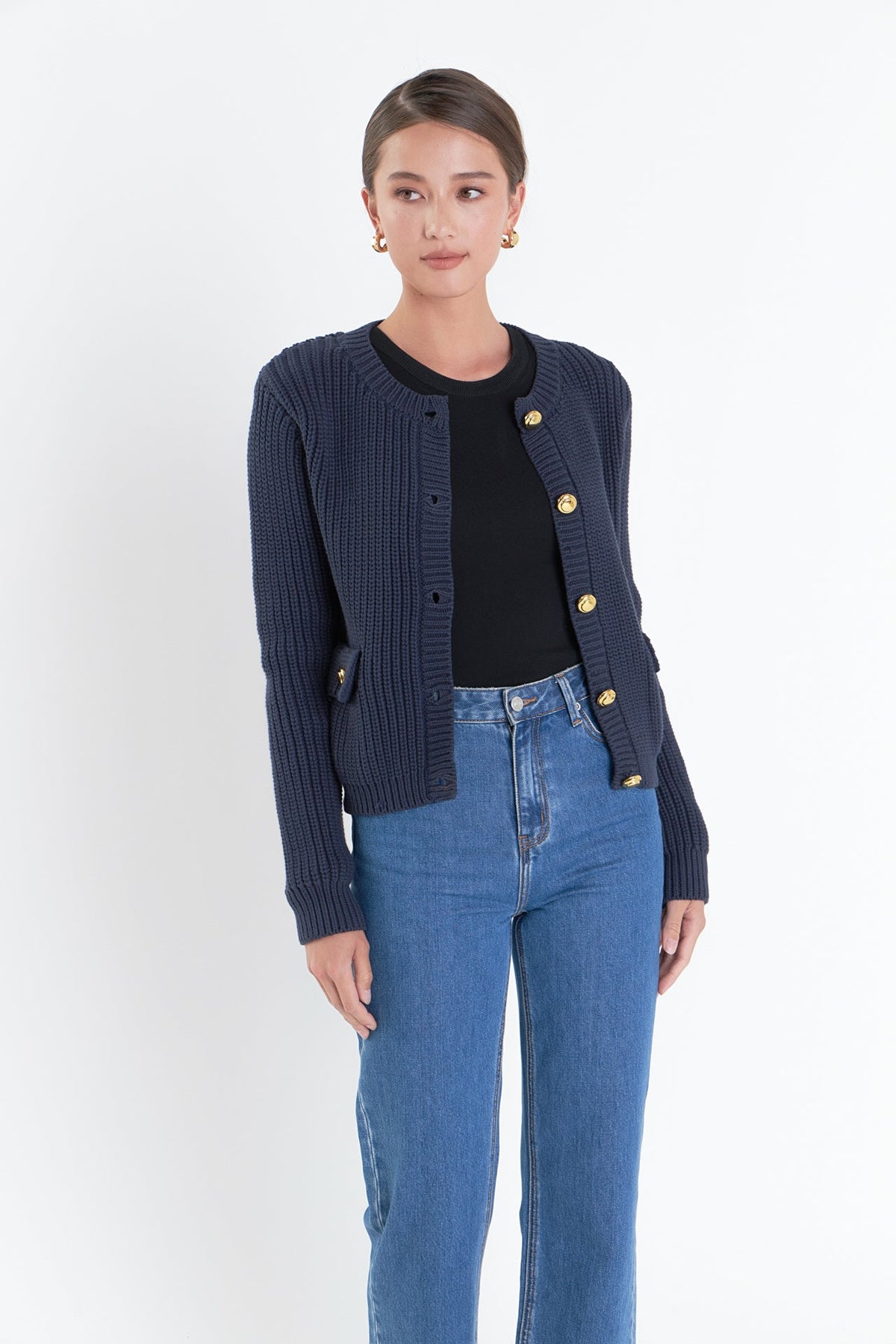 ENGLISH FACTORY - Gold Button Pointed Cardigan - SWEATERS & KNITS available at Objectrare