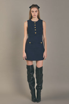 ENGLISH FACTORY - Gold Button Poiinted Tweed Dress - DRESSES available at Objectrare