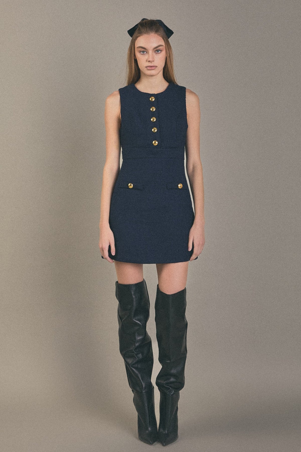 ENGLISH FACTORY - English Factory - Gold Button Pointed Tweed Dress - DRESSES available at Objectrare