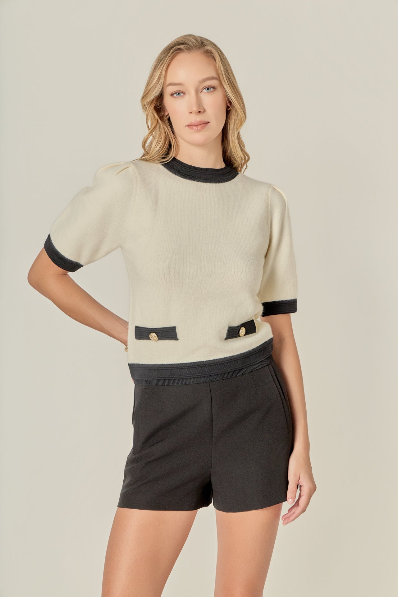 ENGLISH FACTORY - Combo Puff Sleeves Knit - SWEATERS & KNITS available at Objectrare