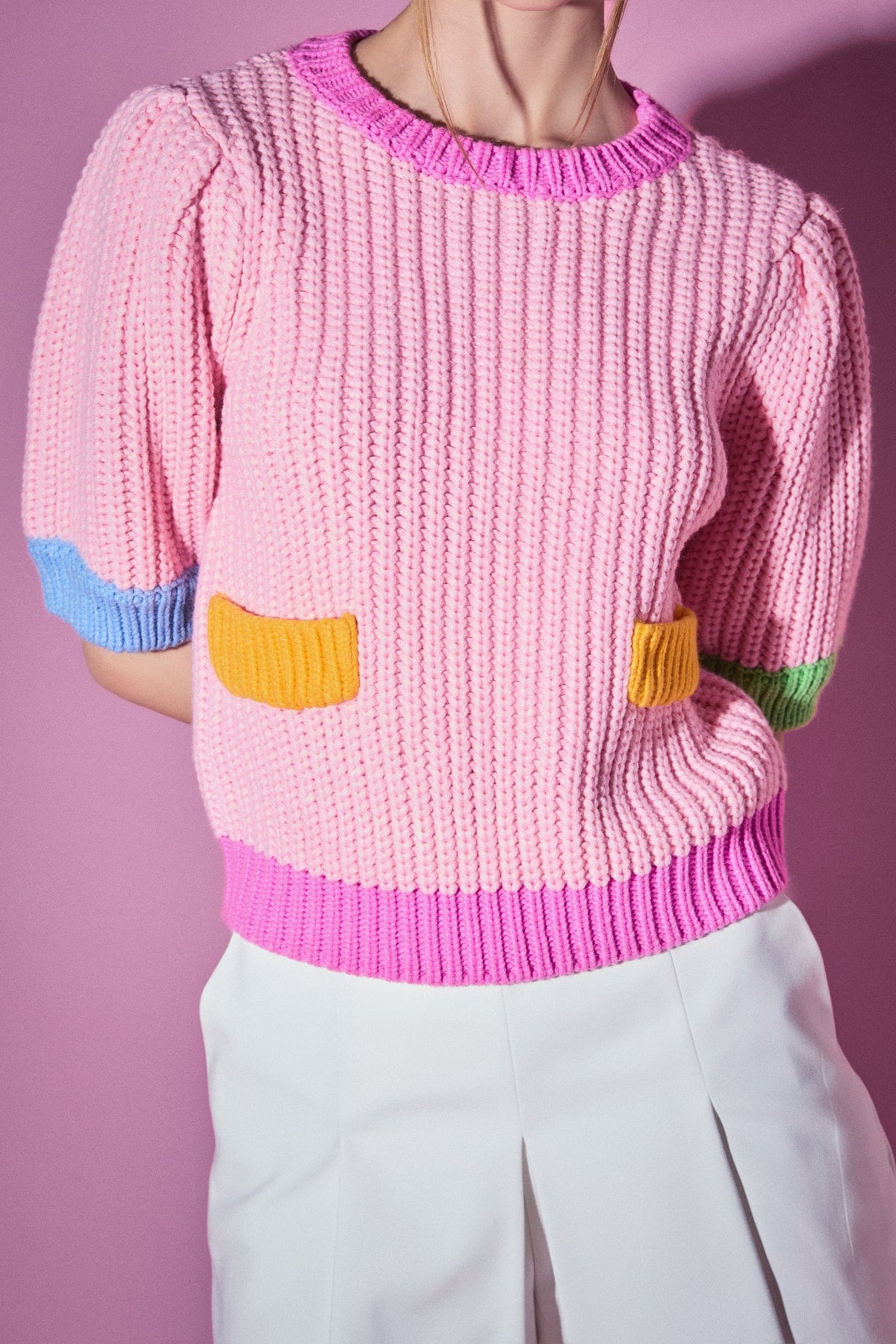 ENGLISH FACTORY - Colorblock Puff Sleeve Knit - SWEATERS & KNITS available at Objectrare