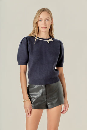 ENGLISH FACTORY - Puff Sleeve Rhinestone Bow Knit - SWEATERS & KNITS available at Objectrare