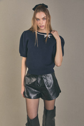 Puff Sleeve Rhinestone Bow Knit