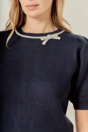 ENGLISH FACTORY - Puff Sleeve Rhinestone Bow Knit - TOPS available at Objectrare
