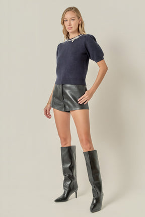 ENGLISH FACTORY - Puff Sleeve Rhinestone Bow Knit - SWEATERS & KNITS available at Objectrare