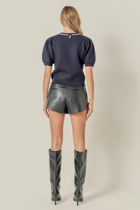 ENGLISH FACTORY - Puff Sleeve Rhinestone Bow Knit - SWEATERS & KNITS available at Objectrare