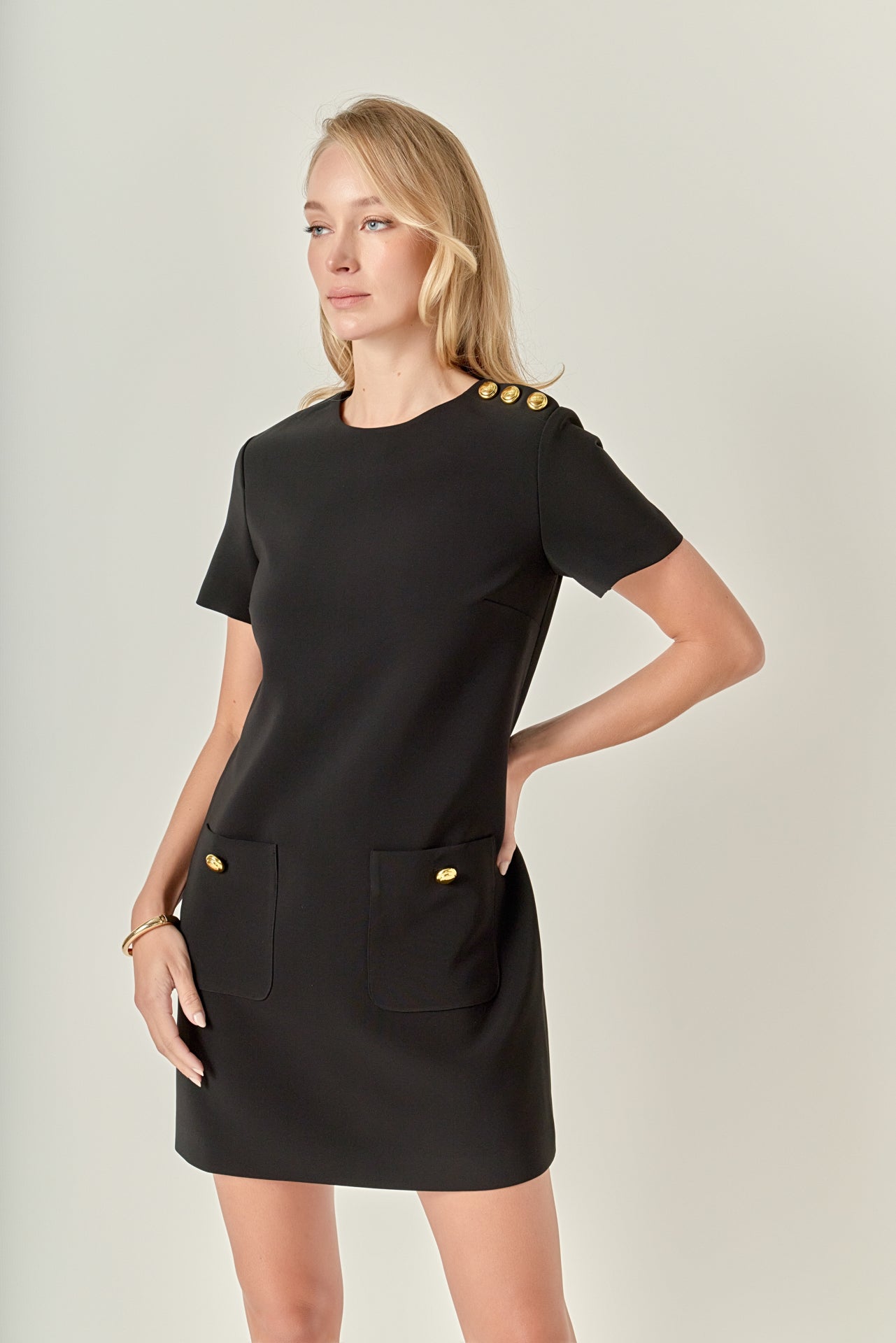 ENGLISH FACTORY - Gold Button Pointed Mini Dress - DRESSES available at Objectrare