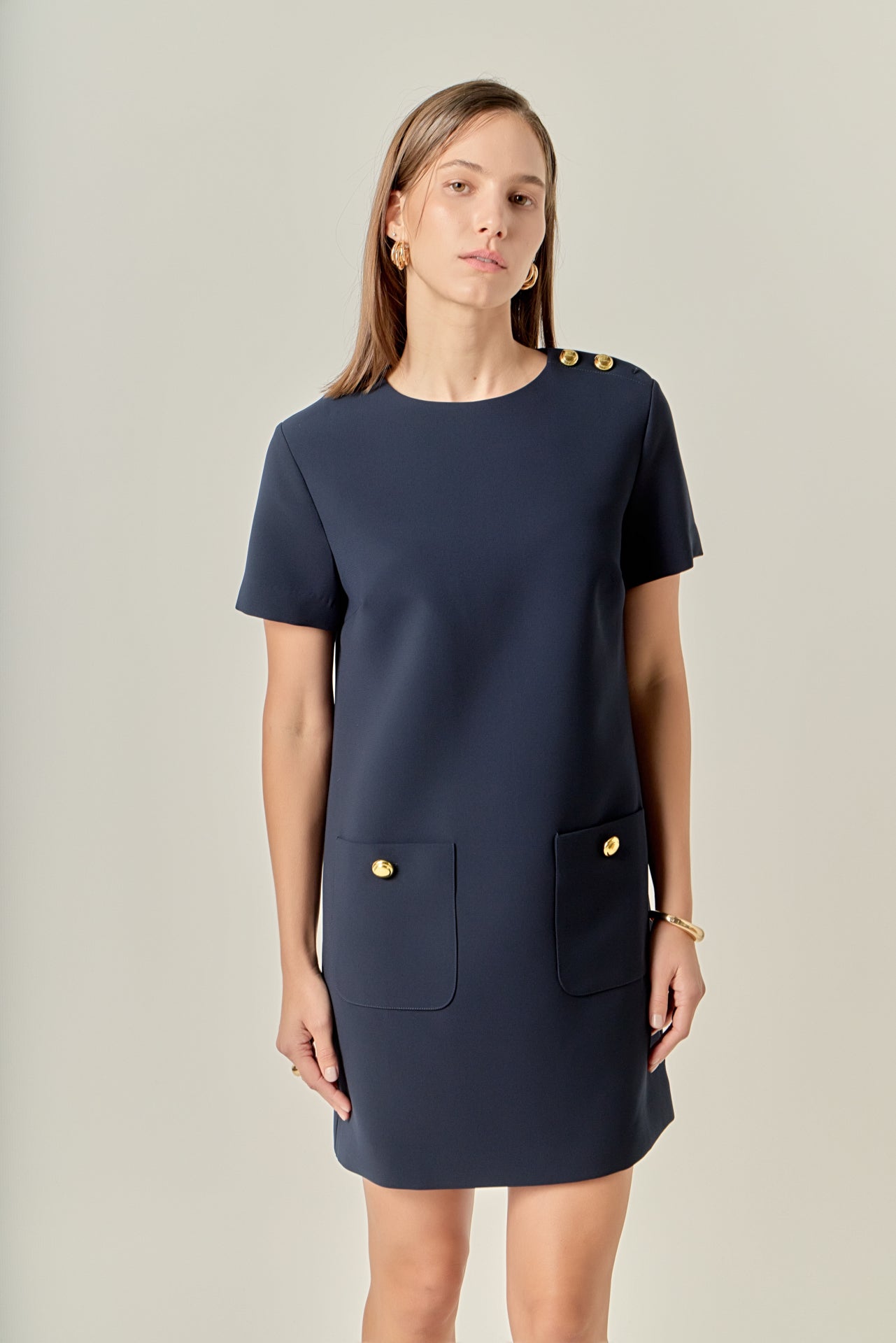 ENGLISH FACTORY - Gold Button Pointed Mini Dress - DRESSES available at Objectrare