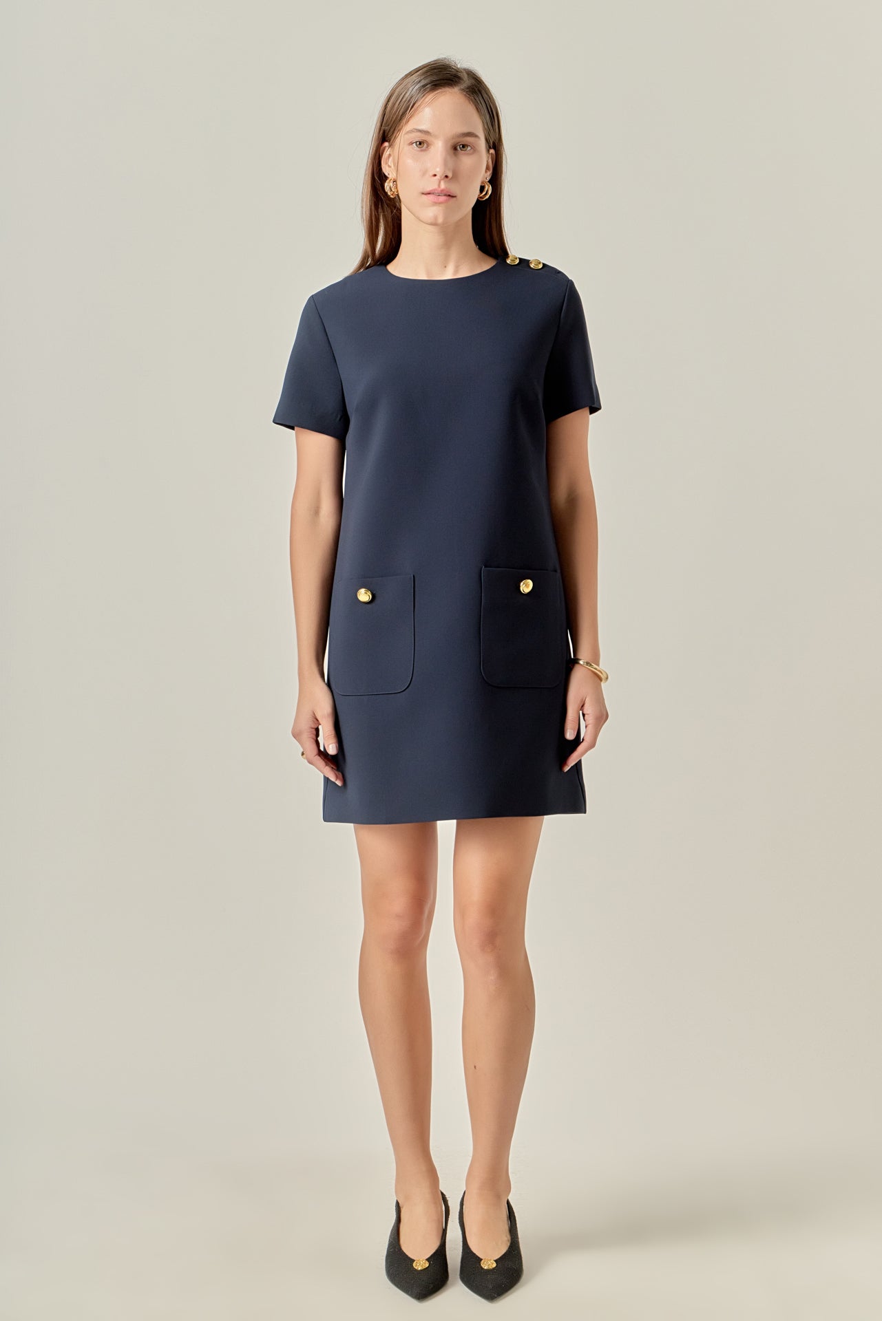 ENGLISH FACTORY - Gold Button Pointed Mini Dress - DRESSES available at Objectrare