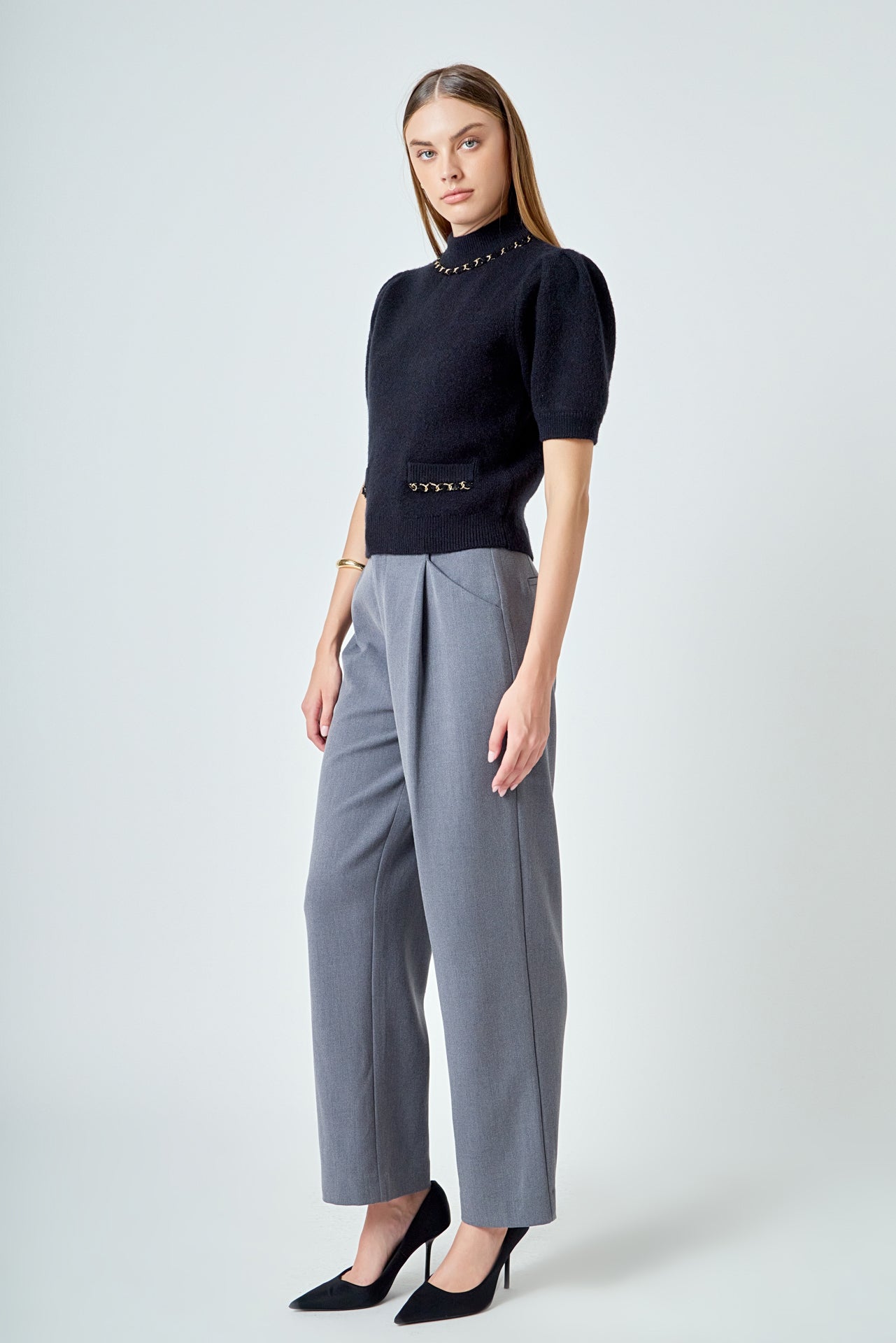 ENDLESS ROSE - Puff Chain Detailed Knit Top - TOPS available at Objectrare