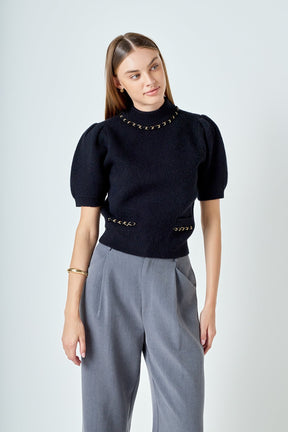 ENDLESS ROSE - Puff Chain Detailed Knit Top - TOPS available at Objectrare