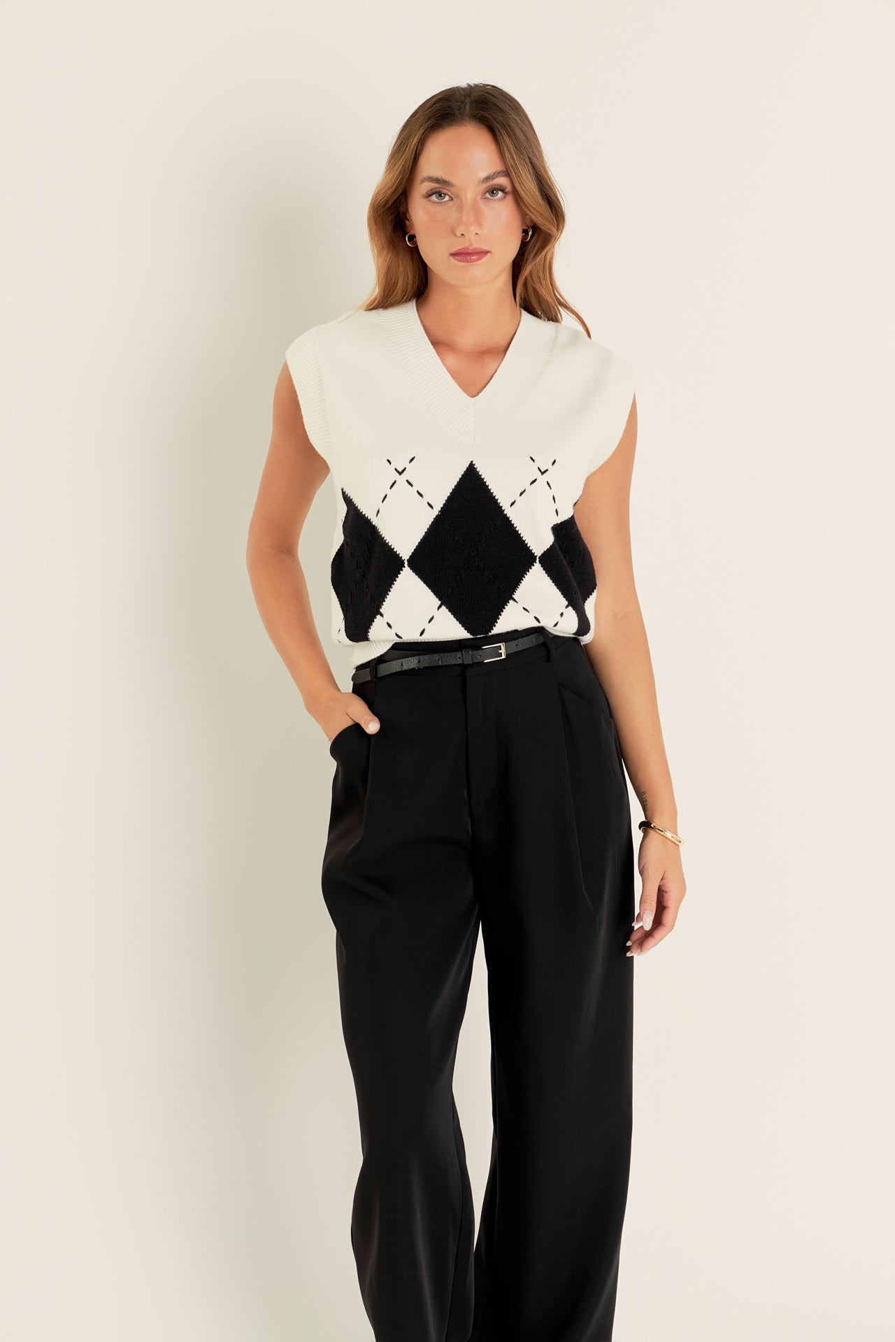 ENGLISH FACTORY - Argyle Knit V-Neck Vest - TOPS available at Objectrare