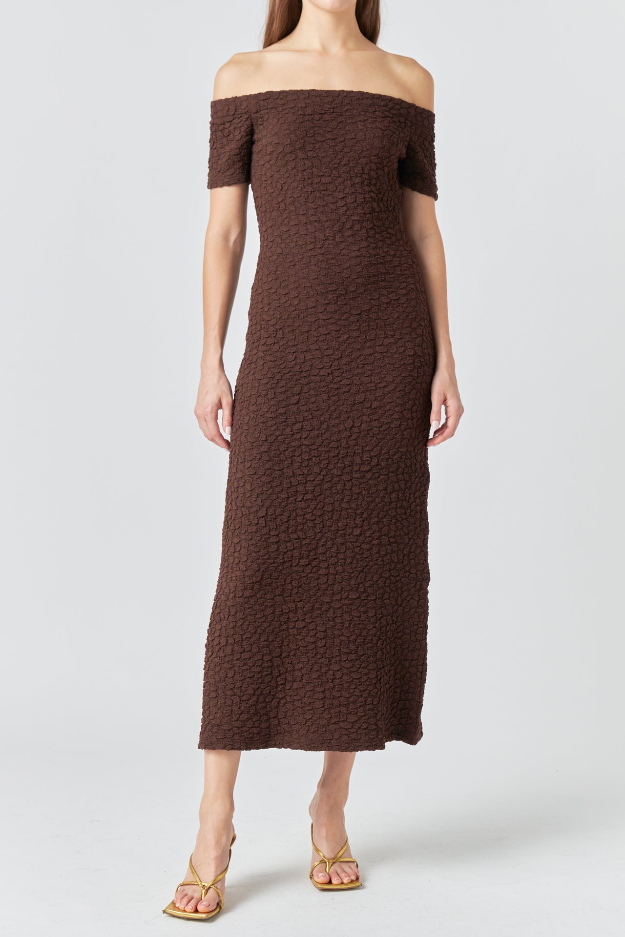 Off-Shoulder Bouclé Knit Midi Dress