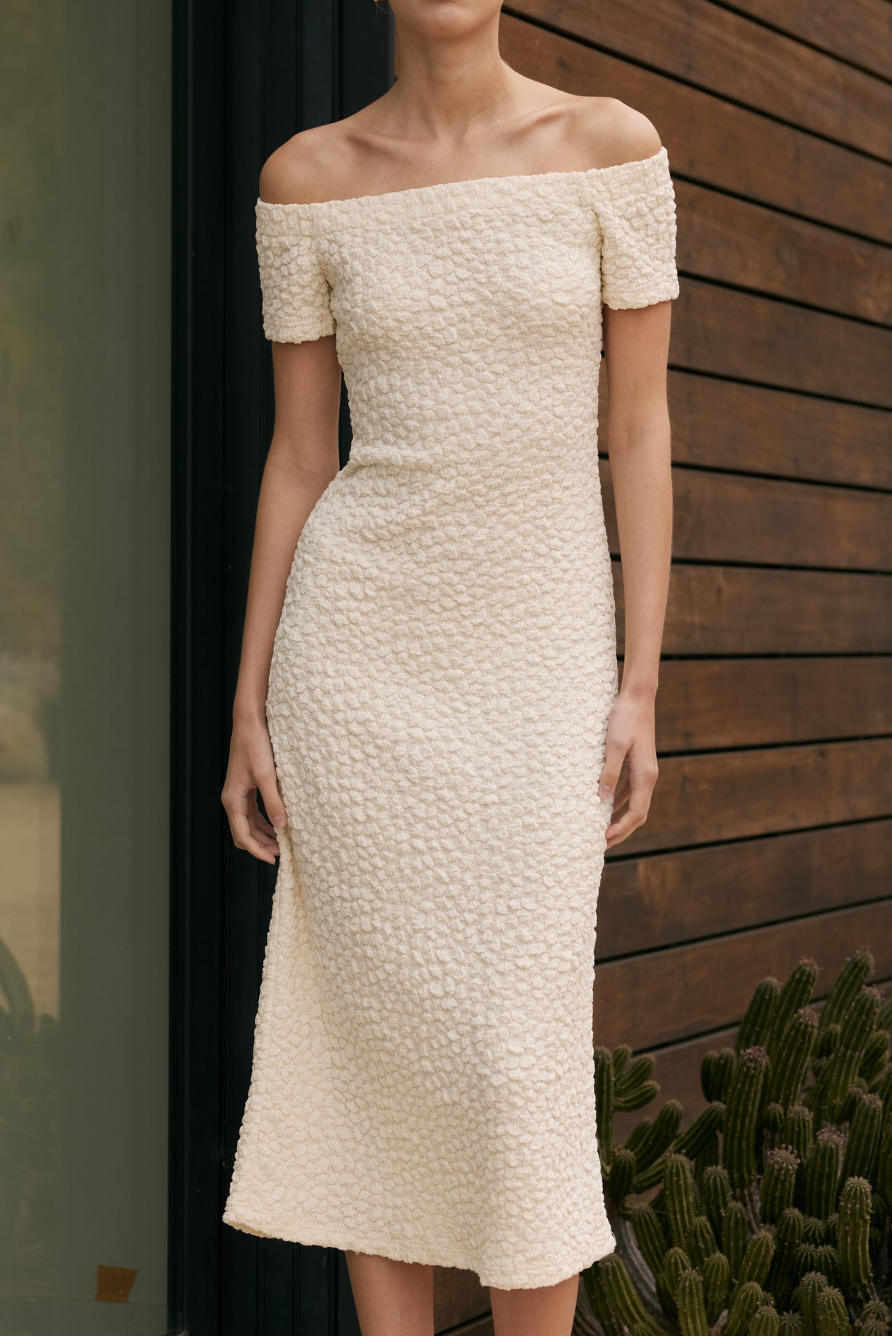 ENGLISH FACTORY - Off-Shoulder Bouclé Knit Midi Dress - DRESSES available at Objectrare