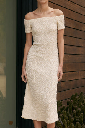 ENGLISH FACTORY - Off-Shoulder Bouclé Knit Midi Dress - DRESSES available at Objectrare