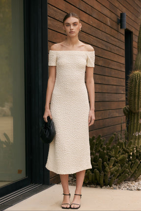 ENGLISH FACTORY - Off-Shoulder Bouclé Knit Midi Dress - DRESSES available at Objectrare