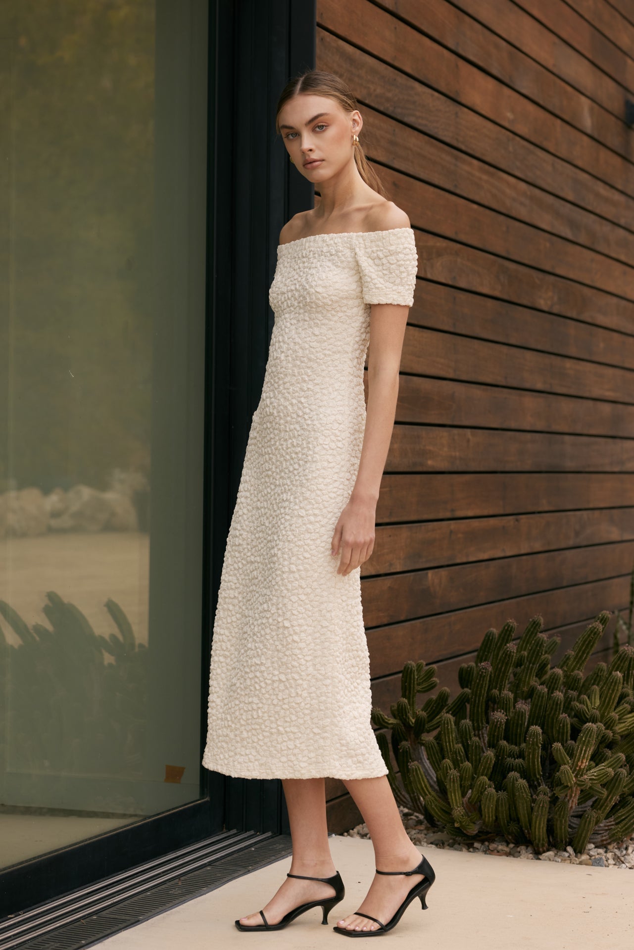 ENGLISH FACTORY - Off-Shoulder Bouclé Knit Midi Dress - DRESSES available at Objectrare