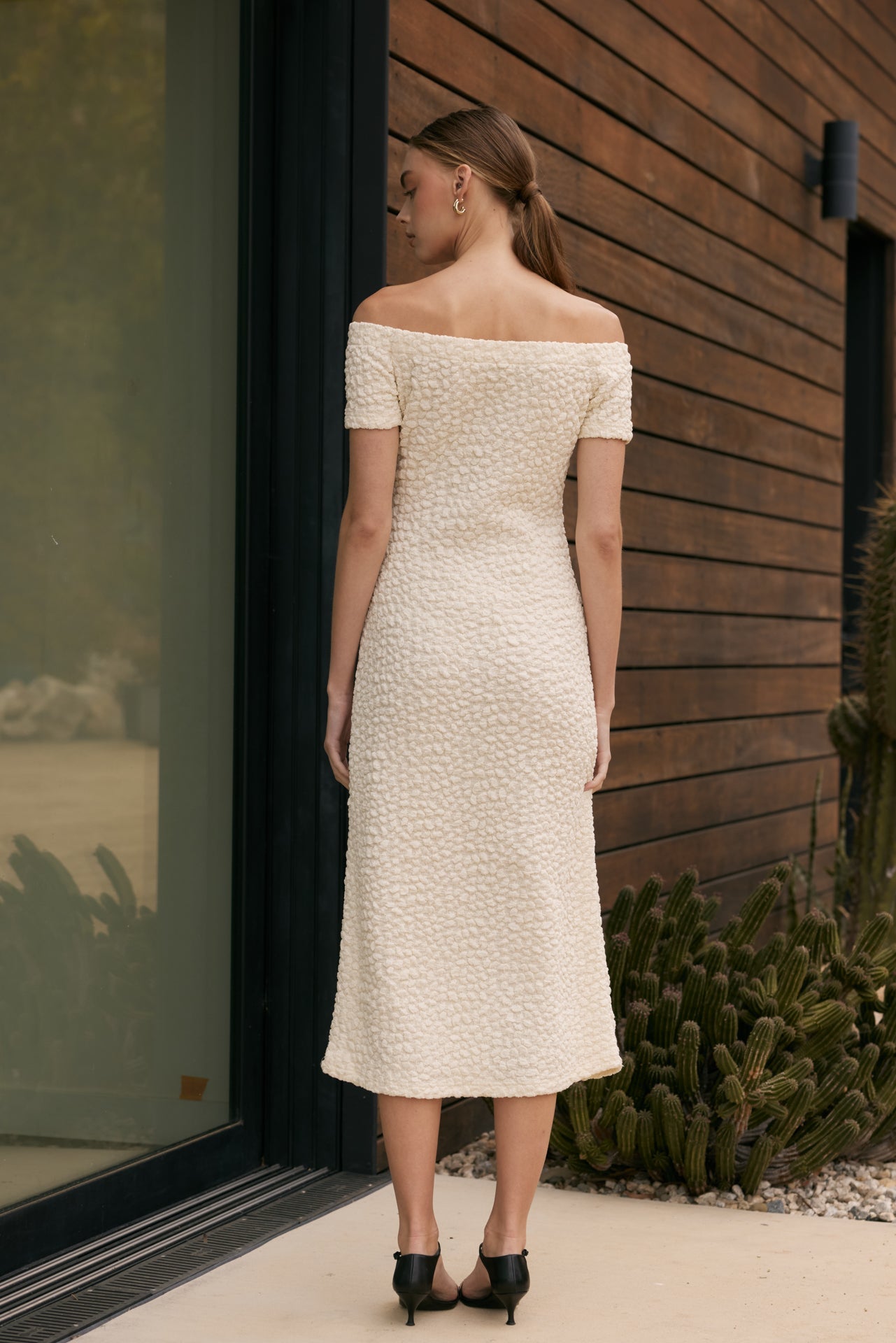 ENGLISH FACTORY - Off-Shoulder Bouclé Knit Midi Dress - DRESSES available at Objectrare