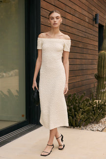 ENGLISH FACTORY - Off-Shoulder Bouclé Knit Midi Dress - DRESSES available at Objectrare