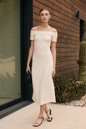 ENGLISH FACTORY - Off-Shoulder Bouclé Knit Midi Dress - DRESSES available at Objectrare